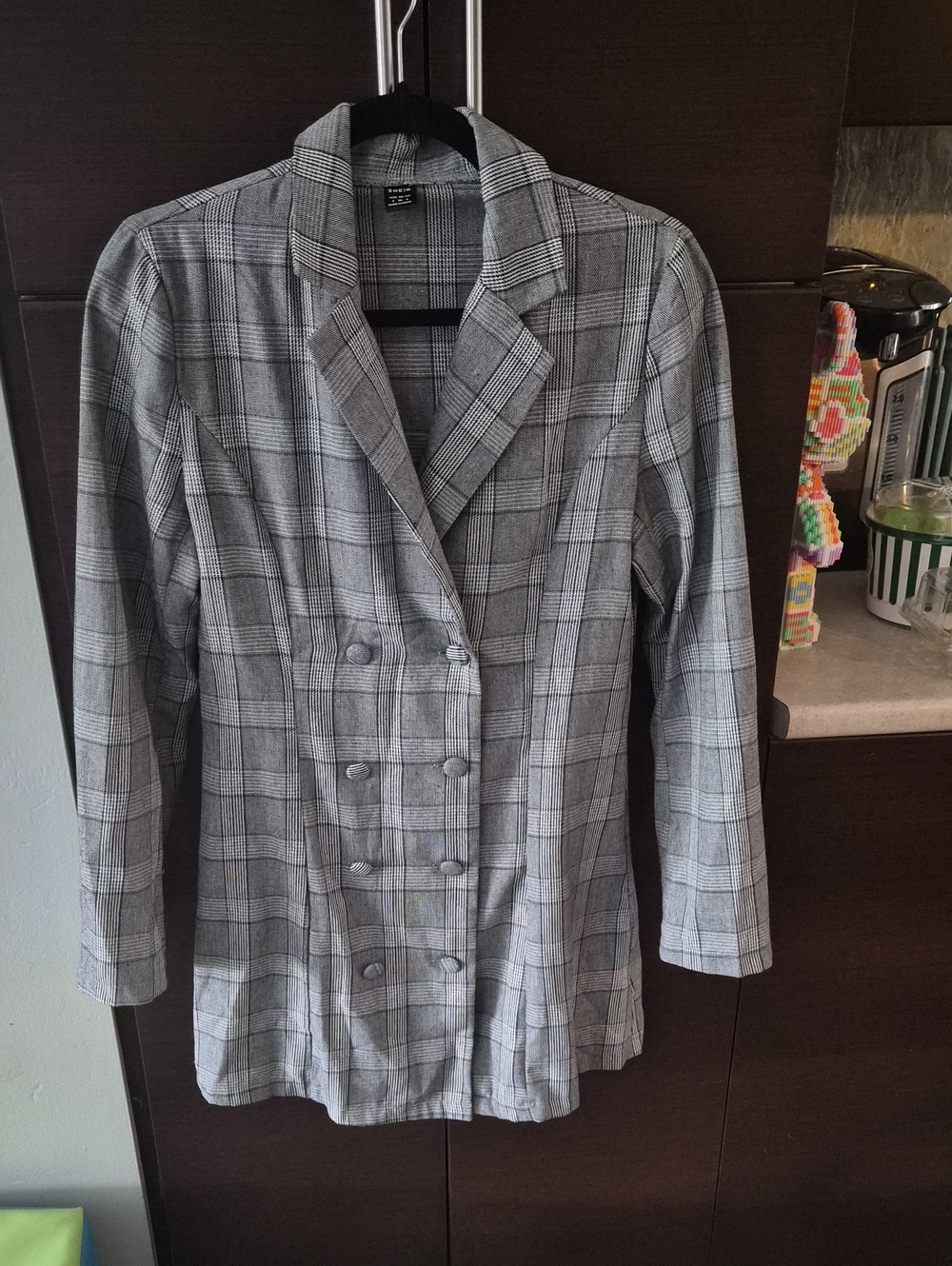 Gray Plaid Double-Breasted Women's Blazer DRESS